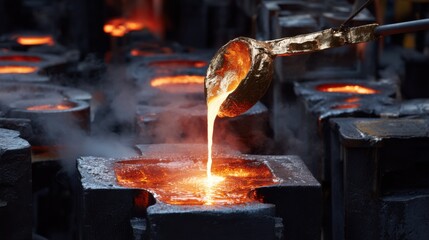 Molten copper alloy being carefully poured into a detailed handle mold in an industrial foundry environment with glowing metal and steam.