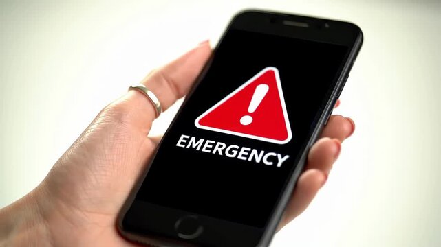 Close up of a woman's hand holding a phone displaying an emergency message and exclamation point against a white background, creating a sense of urgency.