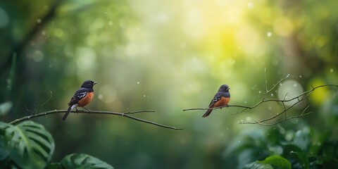 Fototapeta premium Brown birds with black and blue spots perched on branches, natural avian coloration and habitat, Bird Awareness Day