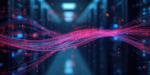 Fiber optic cables in a server room highlighting data transfer efficiency, ideal for network layout visuals