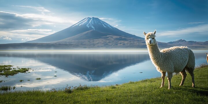 Alpacas feeding along a shoreline with a volcanic backdrop in the Altiplano, highlighting livestock management