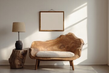 Rustic wooden bench with lamp and framed art on wall.