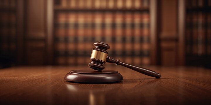 Judge's hammer resting on a wooden table with legal books, courtroom procedures and judicial authority
