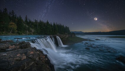 Evening waterfall cascading in summer forest, highlighting water flow dynamics and natural landscape features