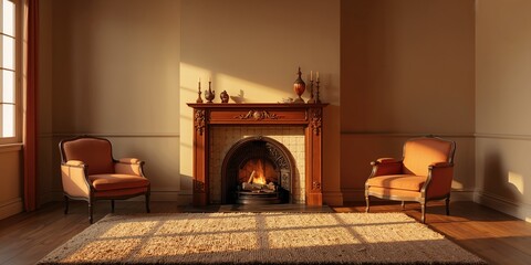 Fototapeta premium Vintage furniture and hearth in a cozy living space, ideal for home decor layouts