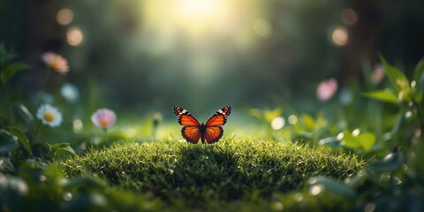 Fototapeta premium Close-up of a vibrant butterfly perched on green grass, highlighting insect activity in summer