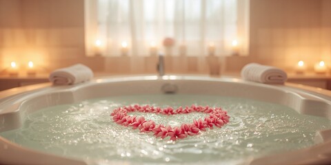 Evening romantic bath with blurred hot tub and pink flower forming heart shape, relaxation and intimacy