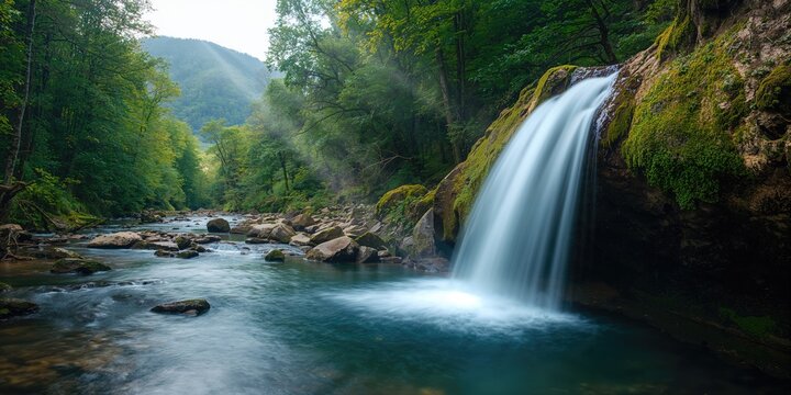 Mountain stream with flowing water captured through long exposure, ideal for editorial nature backdrops