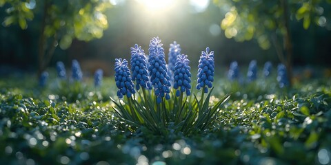 Cluster of blue grape hyacinths against a green foliage background, ideal for floral pattern or decorative use