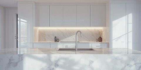 Contemporary bright kitchen featuring white cabinetry, marble surfaces, and a streamlined sink serving as an interior setting for home renovation, Earth Day