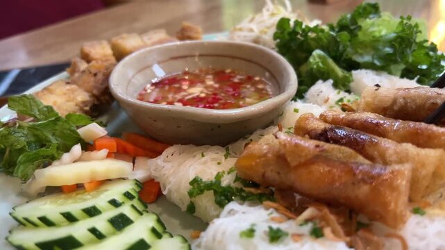 Colorful spring rolls filled with vegetables and shrimp are arranged on a dark, round tray. Lush green plants and delicate flowers surround the dish, creating a lively atmosphere.