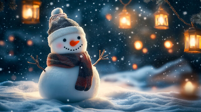 Cute snowman with scarf and lanterns glowing in winter night