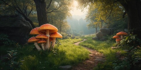Obraz premium Giant mushrooms amidst a whimsical woodland scene, highlighting fungal species and forest health