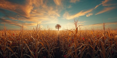 Naklejka premium Spooky cornfield scene with twisted shadows, ideal for horror-themed visuals