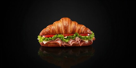 Croissant sandwich on black background, highlighting portable street food suitable for breakfast or snack time