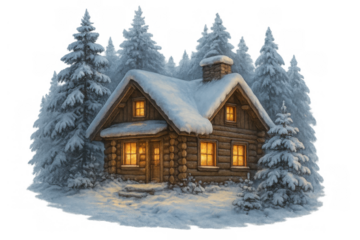 Cozy log cabin house in a snowy winter forest, warm light glowing from windows during christmas season