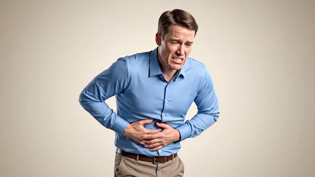 Man Experiencing Stomach Pain Or Discomfort Shown In A Sequence Of Reactions