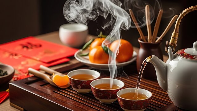 Chinese Tea Ceremony with Oranges and Red Envelopes.