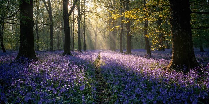 Springtime bluebells covering woodland floor, used as a background for editorial headers, Earth Day