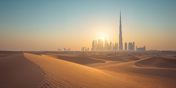 Dubai skyline silhouetted against a desert sunset, urban development merging with arid landscape, Earth Day