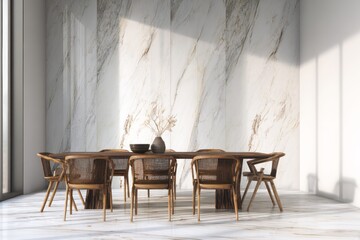 Dining room with marble walls and wooden furniture is bathed in sunlight.
