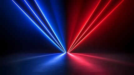 The image features a display of vividly colored laser beams; some are a bold red, others a stark red and blue, all converging in an atmospheric and dramatic dark space.