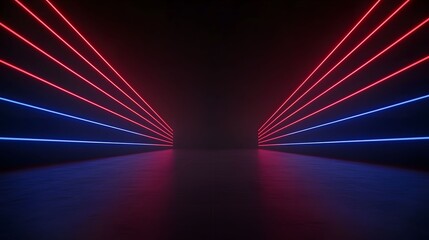 The image features a display of vividly colored laser beams; some are a bold red, others a stark red and blue, all converging in an atmospheric and dramatic dark space.