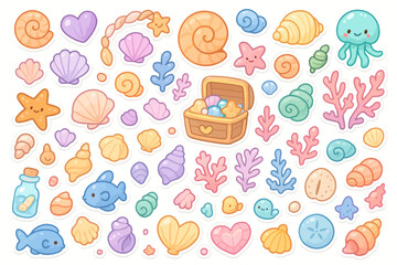 Colorful cartoon sea life and treasure chest with shells and corals