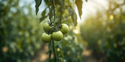 Green, unripe tomatoes hanging from a branch inside a greenhouse, plant development stage, World Food Day