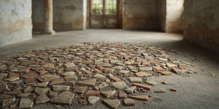 Old tiles in concrete with broken ceramics in building, serving as a weathered background for structural repair awareness