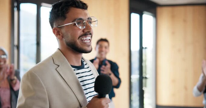Applause, laughing and microphone with motivational speaker man in office for life coaching. Advice, crowd and speech with funny person in workplace for employee development, pep talk or support