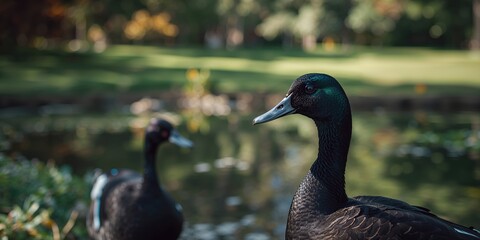 Fototapeta premium Wild ducks with detailed feathers in a natural park habitat, showcasing fauna and bird behavior