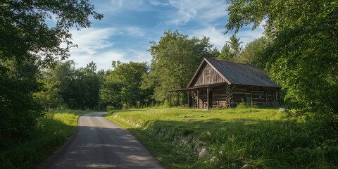 Naklejka premium Old wooden house nestled in a forest clearing during summer, rustic architecture and natural surroundings, Earth Day
