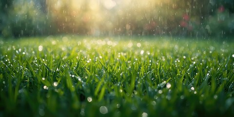 Green grass with raindrops, seasonal growth and moisture retention, Earth Day