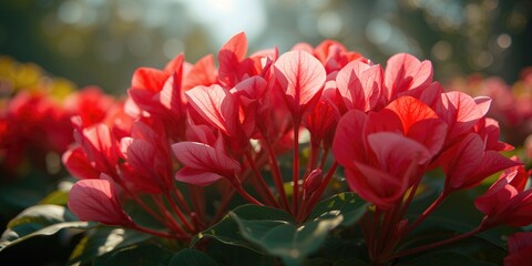 Close-up of pink and red wax begonia blossoms under sunlight, highlighting plant health and flowering season