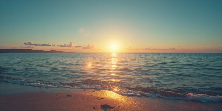 Seaside water landscape with gentle waves and sandy coast, ideal for editorial header background, World Oceans Day