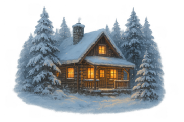 Cozy snowy winter log cabin in forest at night with glowing windows, creating a warm, inviting, and peaceful scene on transparent background