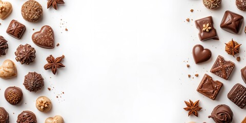 Assorted chocolates with spices arranged on a white surface, flavor combinations for culinary use