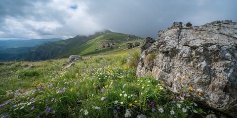 Naklejka premium Flowers and rocks on Mount Aragats slopes in spring, seasonal erosion risk in Armenia