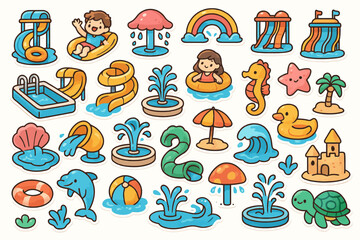 Naklejka premium Cute summer waterpark doodles with kids and aquatic elements