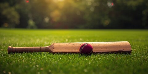 Cricket ball and bat on vibrant green grass, focusing on sports gear handling and field setup