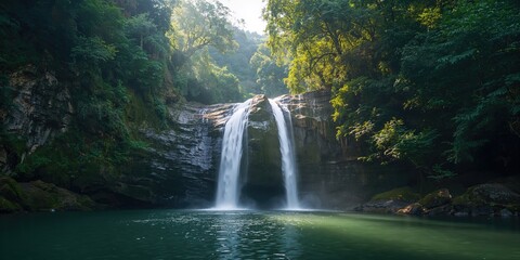 Obraz premium Lapang waterfall flowing over rocks with silky water, mountain stream for nature preservation awareness