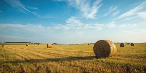 Hay bales scattered across a field under a blue sky, seasonal agricultural activity