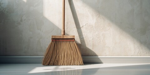 Sweeping tools resting near wall, highlighting household cleaning equipment