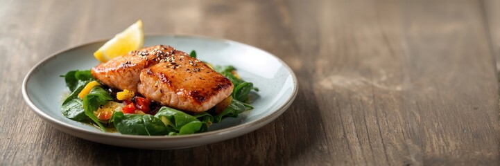 Baked or fried salmon served with salad, highlighting healthy eating habits, dietary restrictions, and meal preparation techniques
