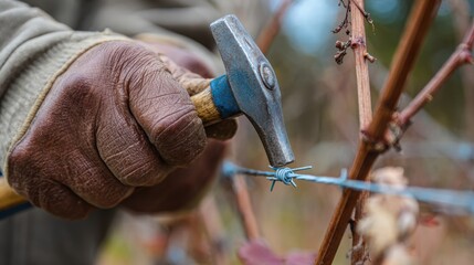 Fototapeta premium Vineyard caretaker skillfully restoring trellis stability by hammering and tightening wires ensuring optimal support for grapevines in an outdoor setting.