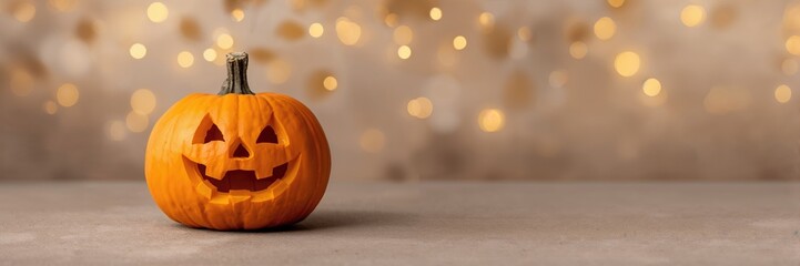 Pumpkin carving display on Halloween banner with space for humorous message, seasonal event decoration