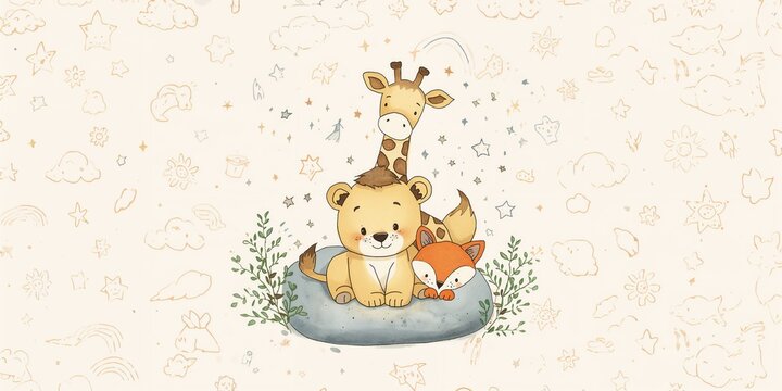 Cute animal illustration designed for wallpaper, suitable as a decorative background for children's rooms