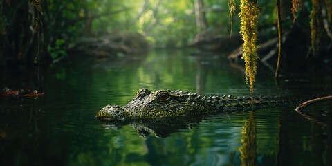 Obraz premium Juvenile alligator resting in swamp environment, highlighting wildlife preservation, World Wildlife Day
