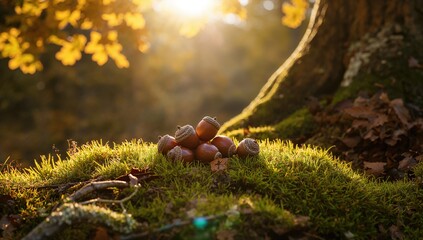 Obraz premium Autumn scene with acorns basking in sunlight on a warm day, highlighting seasonal transition